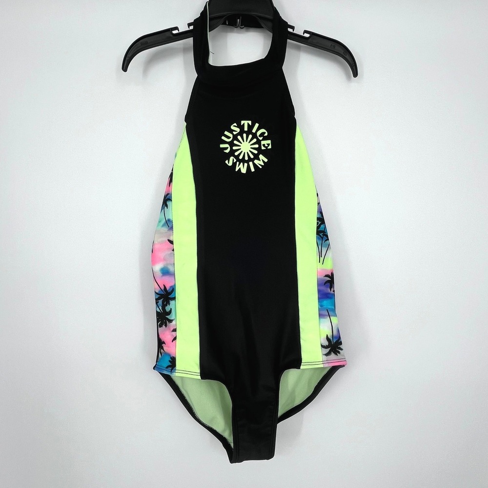 NWT Justice Swimsuit Girls S 7/8 Black High Neck Colorblock Palm Tree One Piece